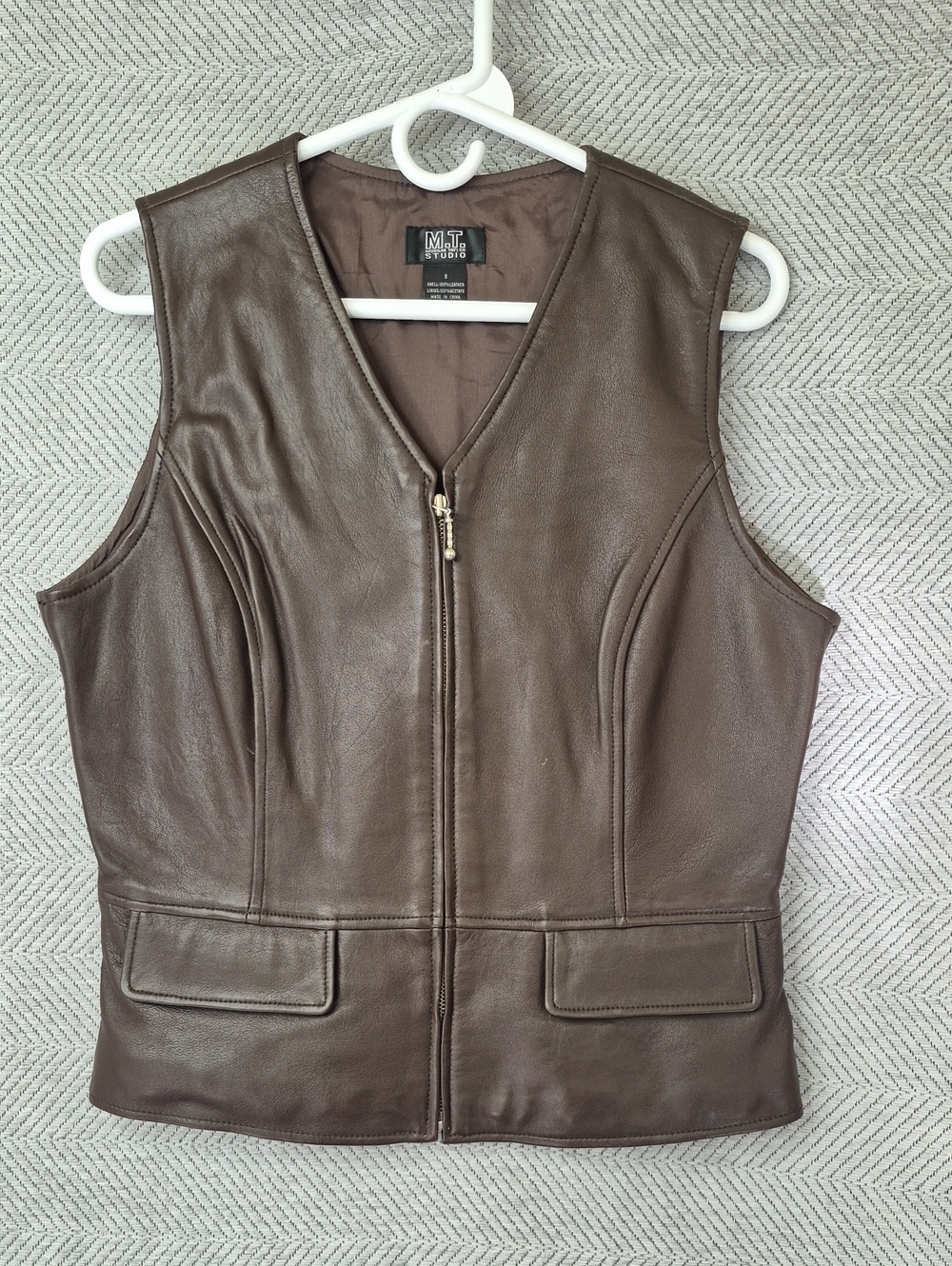 EUC Y2K Morgan Taylor Genuine Leather Brown Zip Front Tailored Vest Women's 8